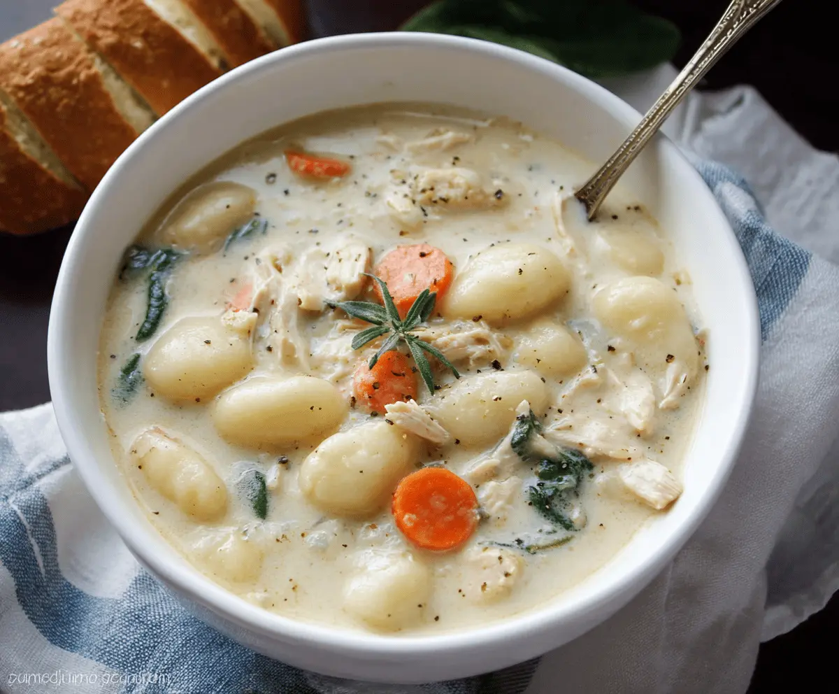Creamy chicken gnocchi soup with tender chicken pieces, soft gnocchi, fresh herbs, and vegetables in a savory broth