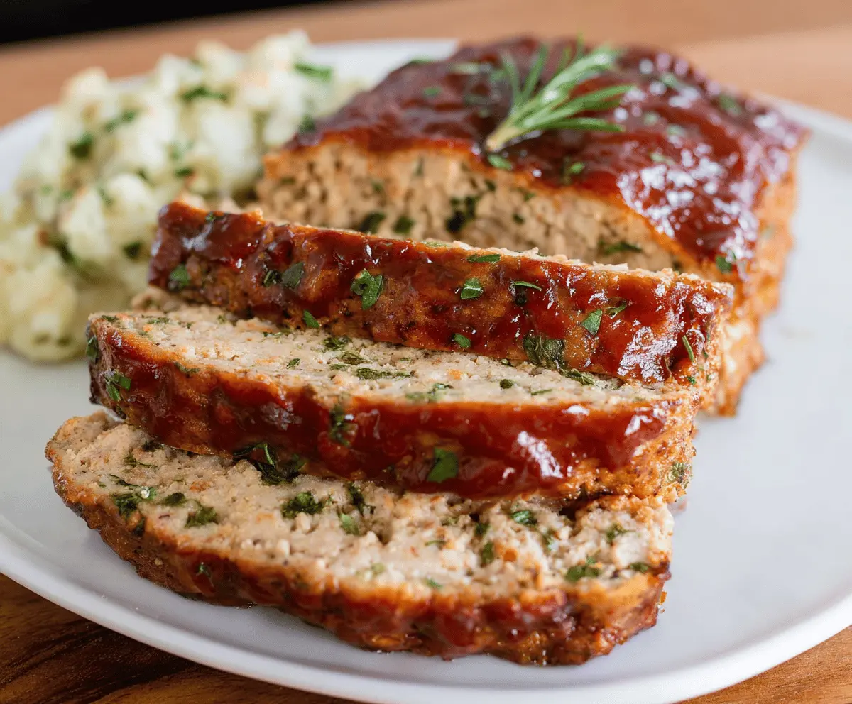 Juicy chicken meatloaf topped with herbs and served on a plate, delicious and savory homemade chicken meatloaf recipe
