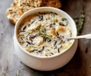A bowl of creamy chicken wild rice soup garnished with fresh herbs, served with bread on the side.