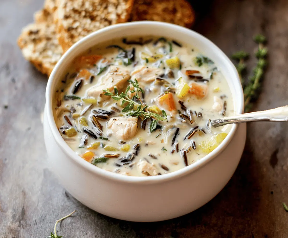A bowl of creamy chicken wild rice soup garnished with fresh herbs, served with bread on the side.