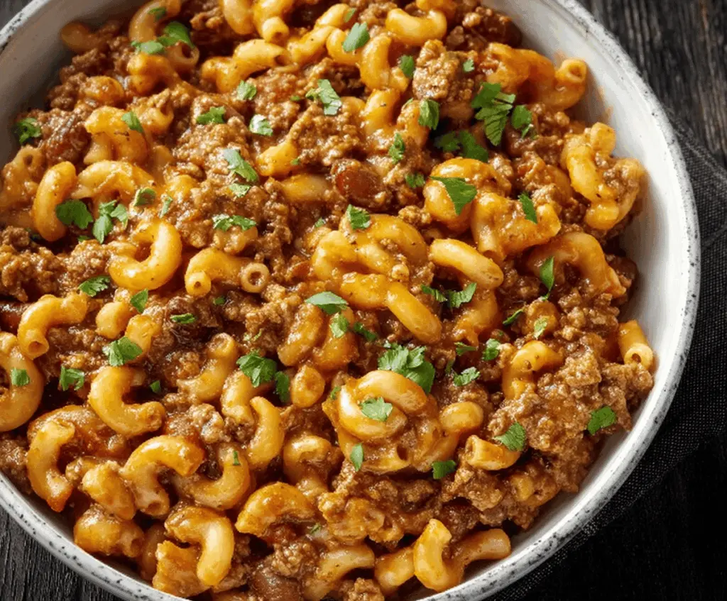 Delicious homemade Chili Mac with seasoned ground beef, macaroni pasta, and melted cheese served in a bowl, perfect for a hearty meal