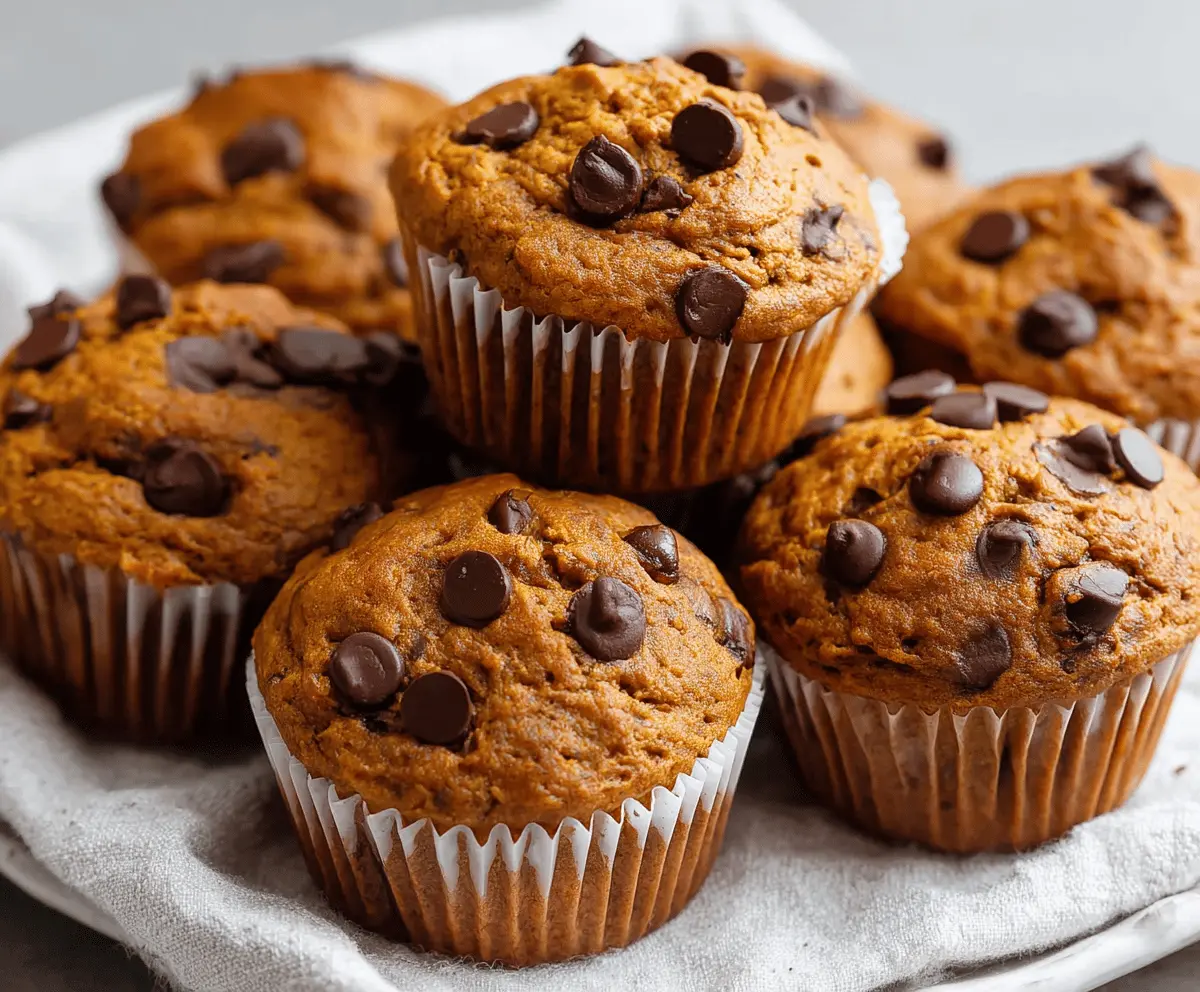Delicious homemade chocolate chip pumpkin muffins topped with chocolate chips and a cinnamon sprinkle, perfect for fall baking