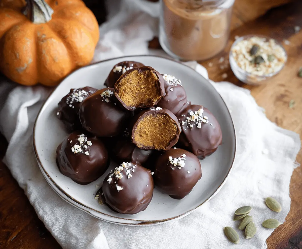 Delicious chocolate-covered pumpkin protein balls on a white plate, perfect for healthy snacks and Halloween treats