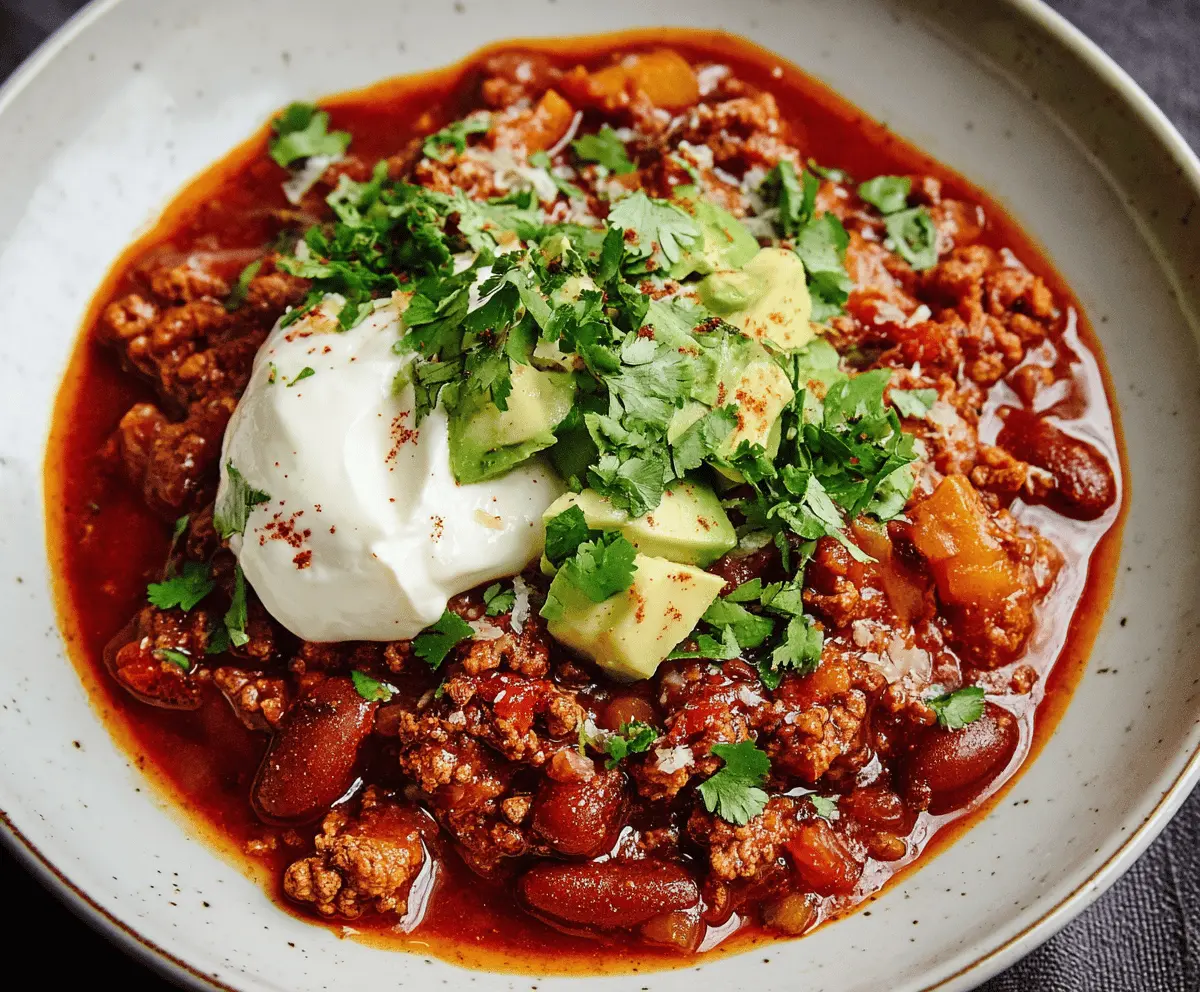 Spicy chorizo chili in a bowl topped with fresh herbs, served with crusty bread on a rustic wooden table