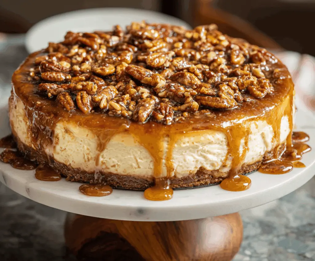 Creamy cinnamon pecan pie cheesecake topped with toasted pecans and a caramel drizzle, perfect for dessert lovers