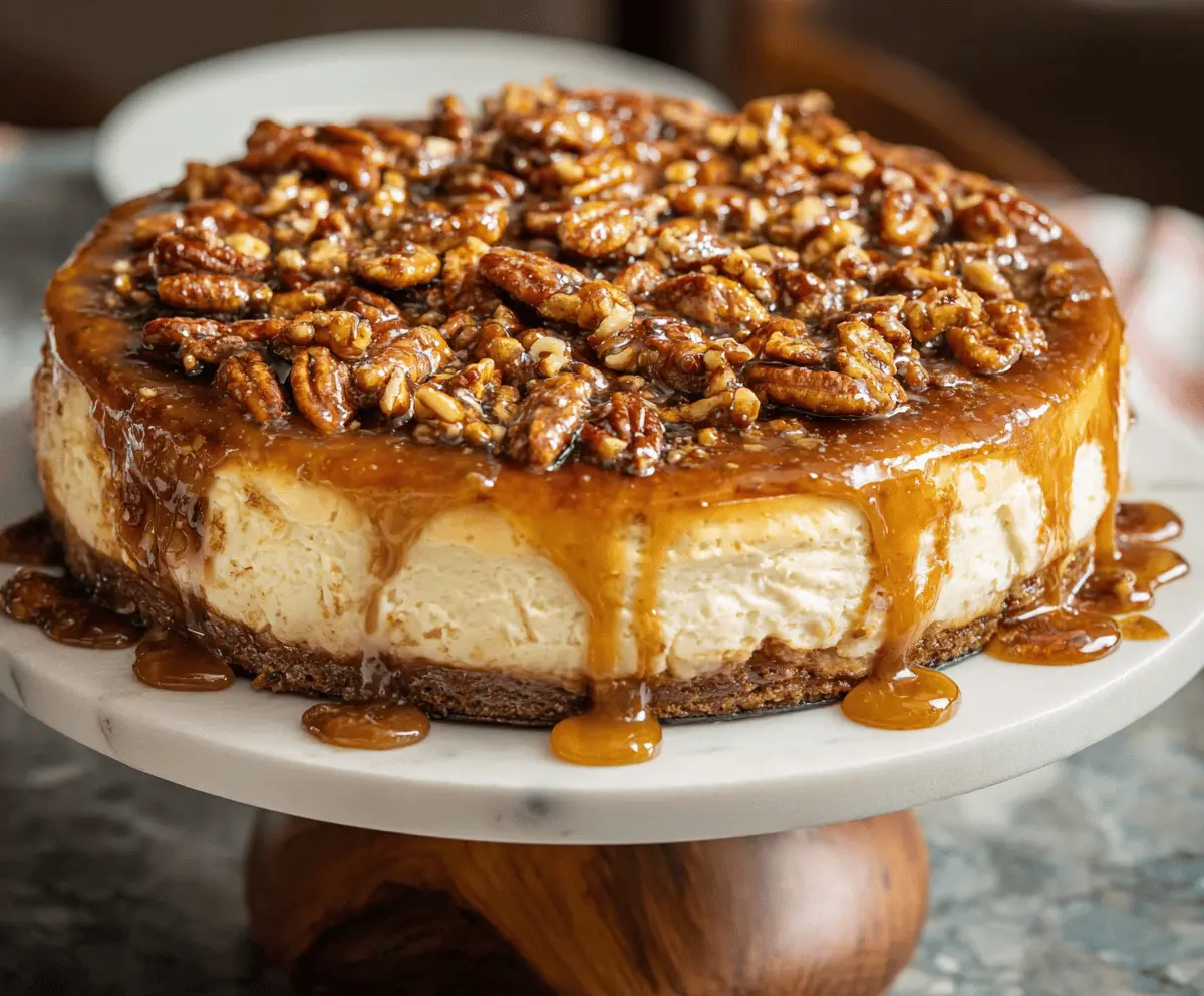 Creamy cinnamon pecan pie cheesecake topped with toasted pecans and a caramel drizzle, perfect for dessert lovers