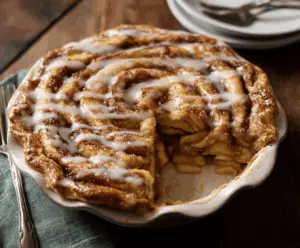 Delicious cinnamon roll apple pie topped with cinnamon sugar and drizzled icing, showcasing a warm, flaky pastry filled with cinnamon-spiced apples.