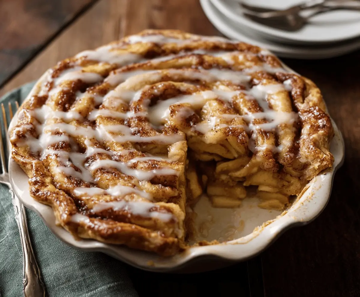 Delicious cinnamon roll apple pie topped with cinnamon sugar and drizzled icing, showcasing a warm, flaky pastry filled with cinnamon-spiced apples.
