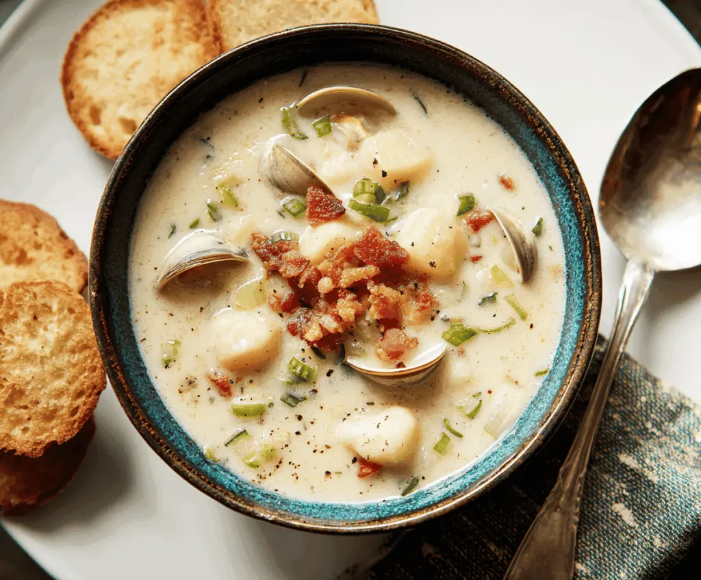 A bowl of creamy clam chowder garnished with fresh herbs, served with oyster crackers on the side.