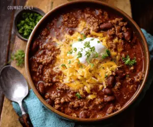 Hearty bowl of Cowboy Chili topped with shredded cheese, sour cream, and chopped green onions, served with cornbread on the side.