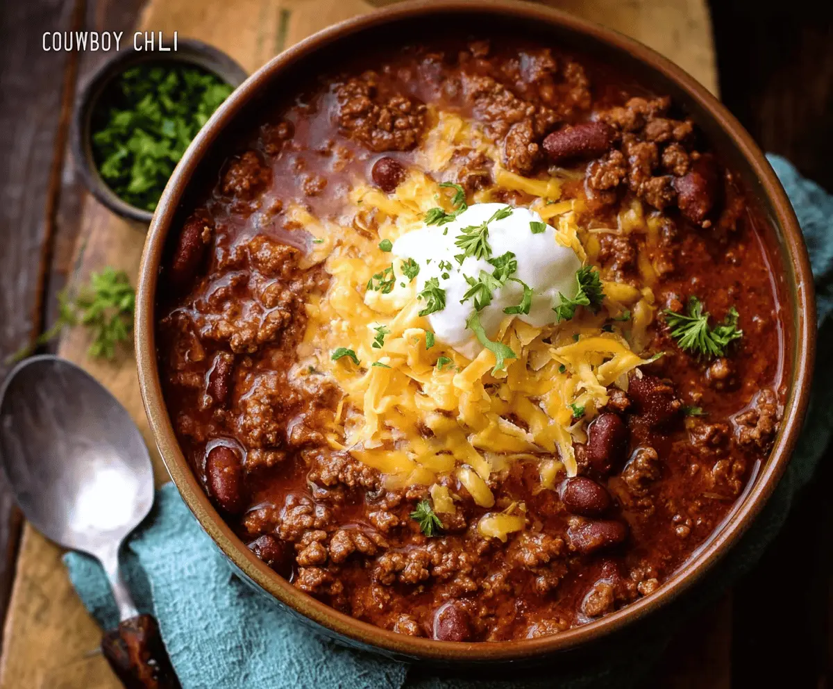 Hearty bowl of Cowboy Chili topped with shredded cheese, sour cream, and chopped green onions, served with cornbread on the side.