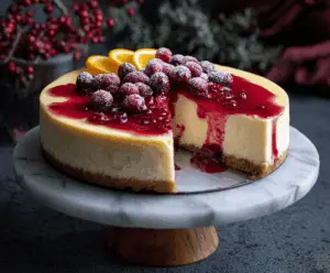 Creamy cranberry orange cheesecake topped with fresh cranberries and orange zest on a decorative plate, perfect for holiday desserts.