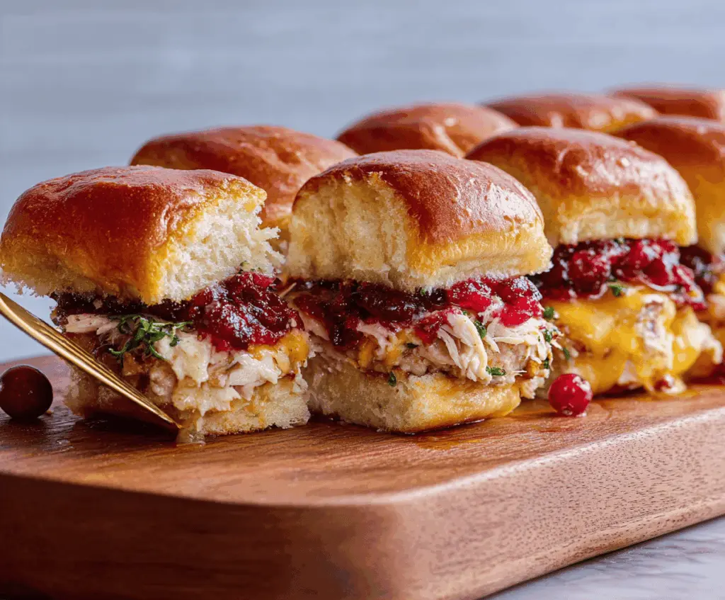 Delicious cranberry turkey sliders with fresh ingredients served on a platter.