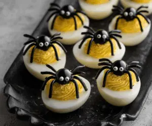 Cute Crawly Spider Deviled Eggs topped with olive eyes and pretzel legs, perfect for Halloween-themed snacks.