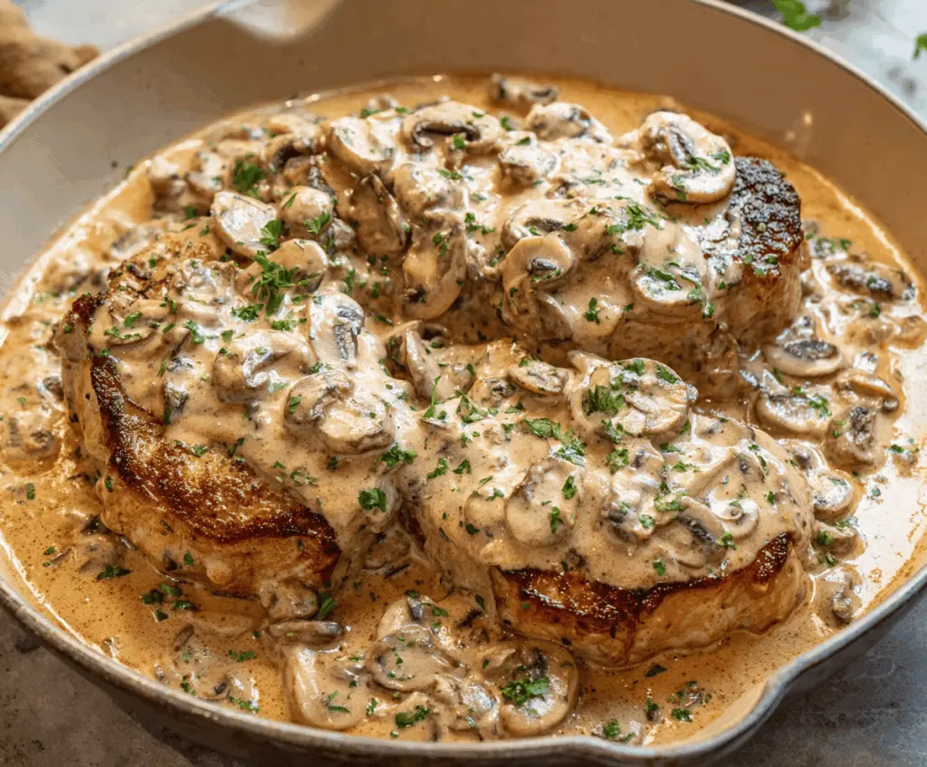 Delicious Cream of Mushroom Pork Chops served on a plate garnished with herbs