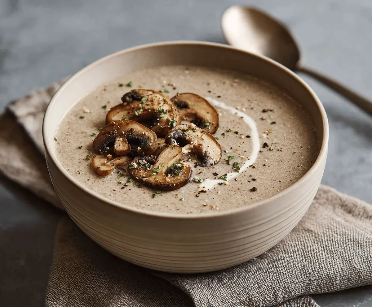 Cream of Mushroom Soup served in a bowl with fresh herbs, showcasing a creamy, savory, and comforting dish perfect for cozy meals.