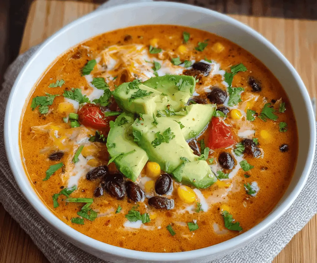 A bowl of creamy enchilada soup garnished with shredded cheese, chopped cilantro, and a drizzle of sour cream, served with warm tortilla chips.