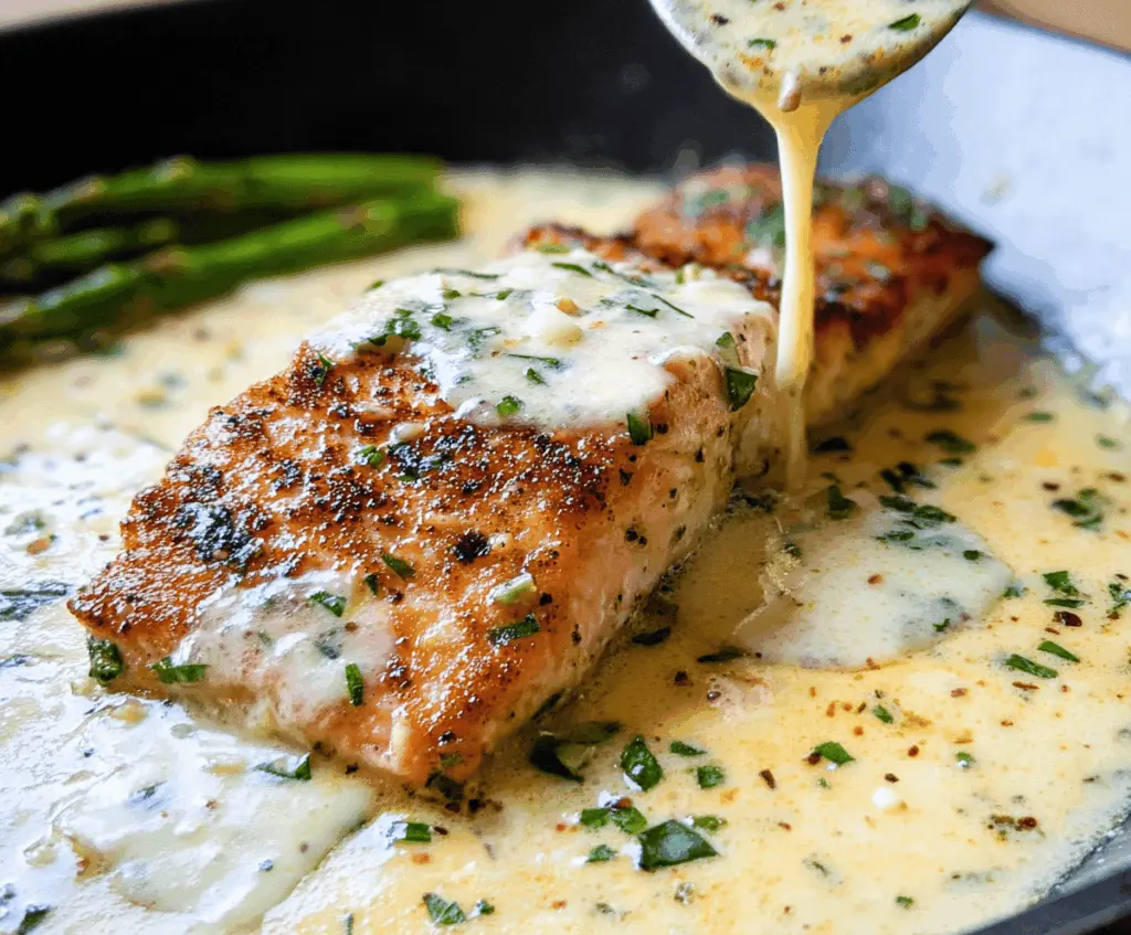 Delicious creamy garlic butter salmon fillet garnished with fresh herbs on a plate, served with lemon wedges and vegetables