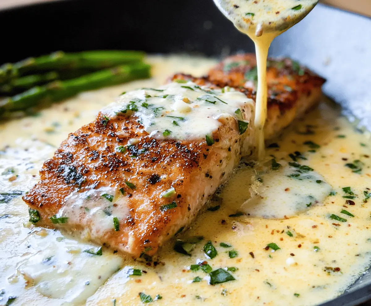 Delicious creamy garlic butter salmon fillet garnished with fresh herbs on a plate, served with lemon wedges and vegetables