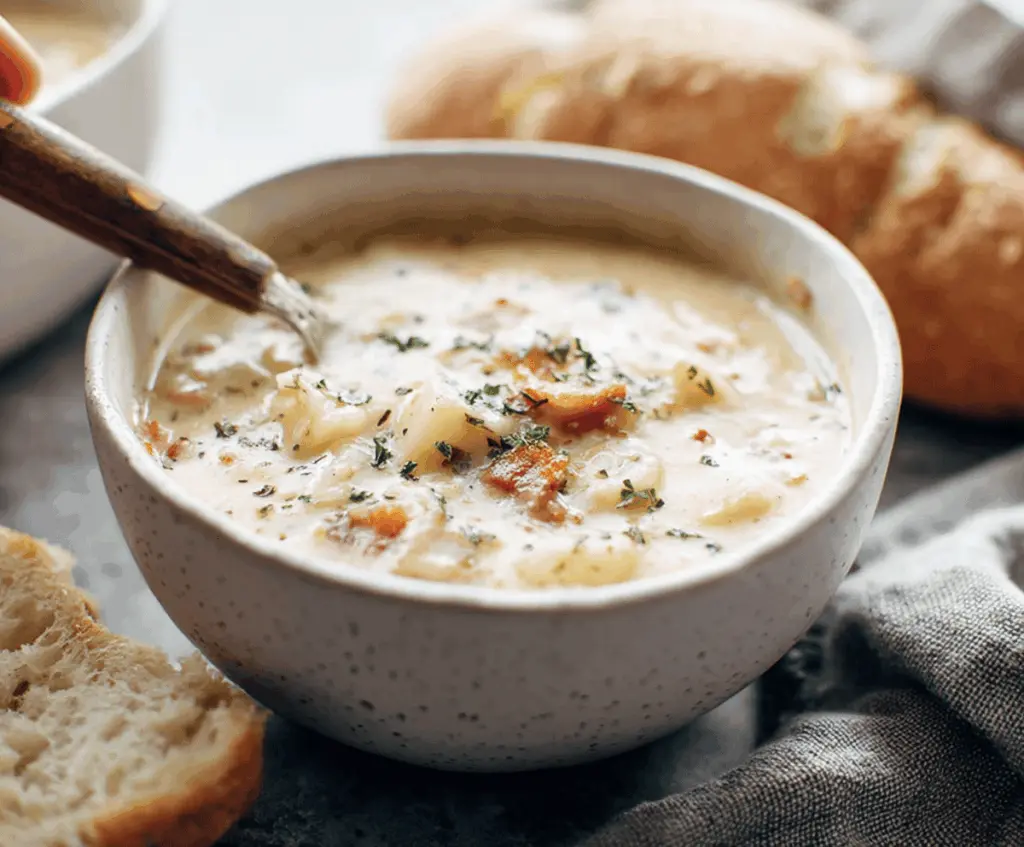 A bowl of creamy potato soup topped with fresh herbs and a dollop of sour cream, served with crusty bread on the side.