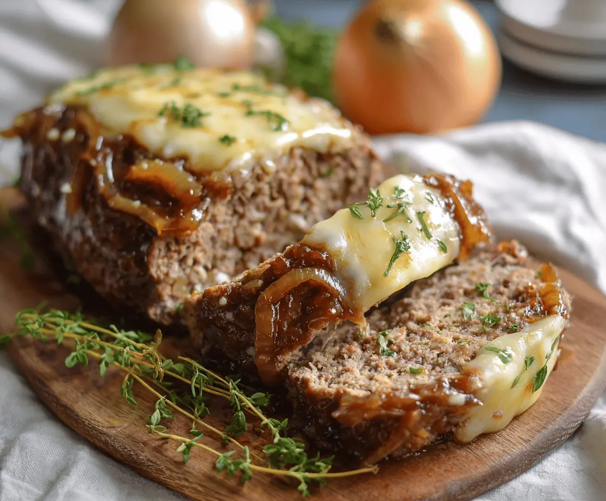 Delicious Crockpot French Onion Meatloaf topped with melted Swiss cheese, served with caramelized onions and fresh herbs