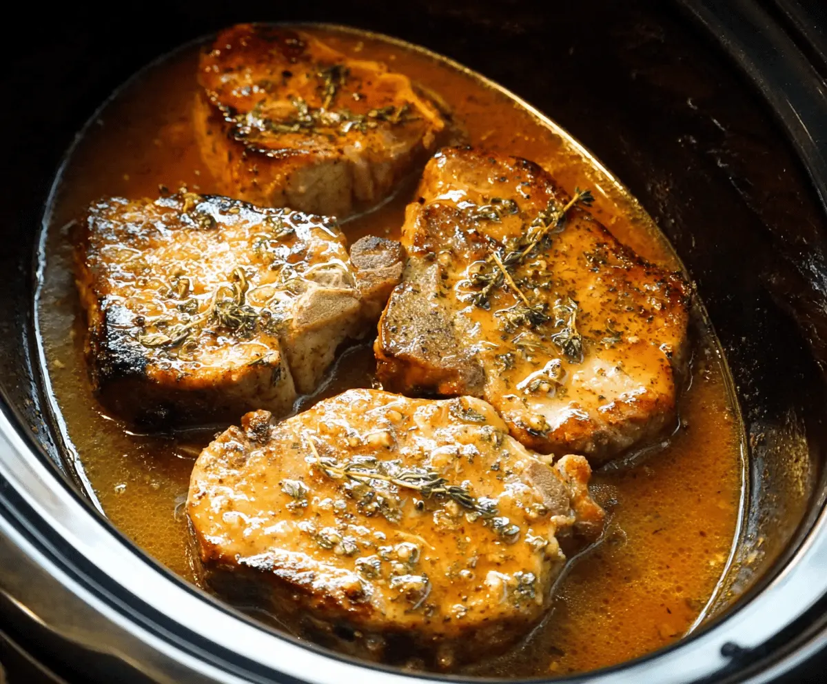Juicy slow cooker pork chops garnished with herbs and served with vegetables in a Crockpot recipe image