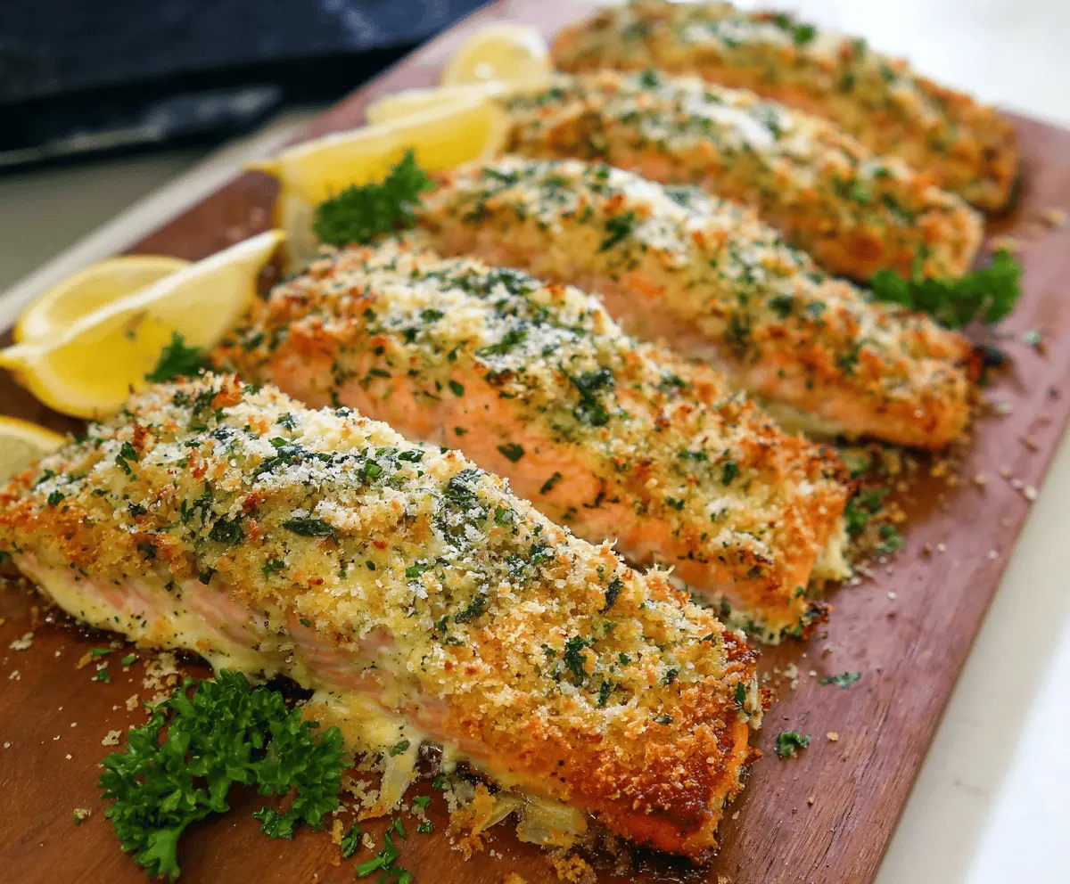 Delicious crusty salmon fillet topped with Parmesan and fresh herbs, served on a plate for a flavorful seafood meal
