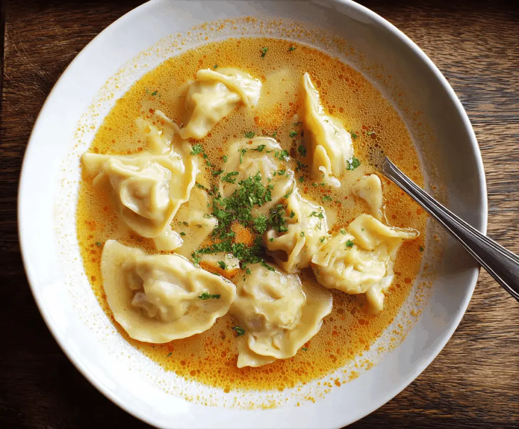 A bowl of flavorful curry dumpling soup featuring steamed dumplings, vibrant vegetables, and fragrant broth garnished with fresh herbs.