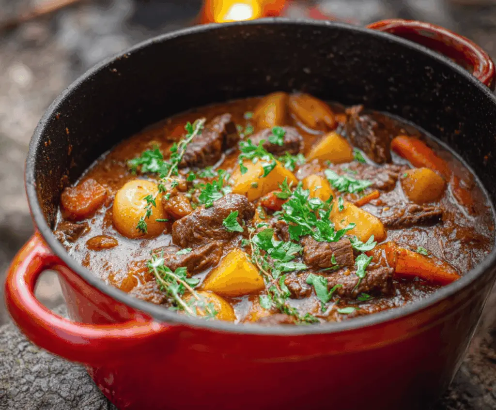 Hearty Dutch Oven Beef Stew with tender beef chunks, vegetables, and rich broth served in a rustic Dutch oven