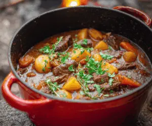 Hearty Dutch Oven Beef Stew with tender beef chunks, vegetables, and rich broth served in a rustic Dutch oven