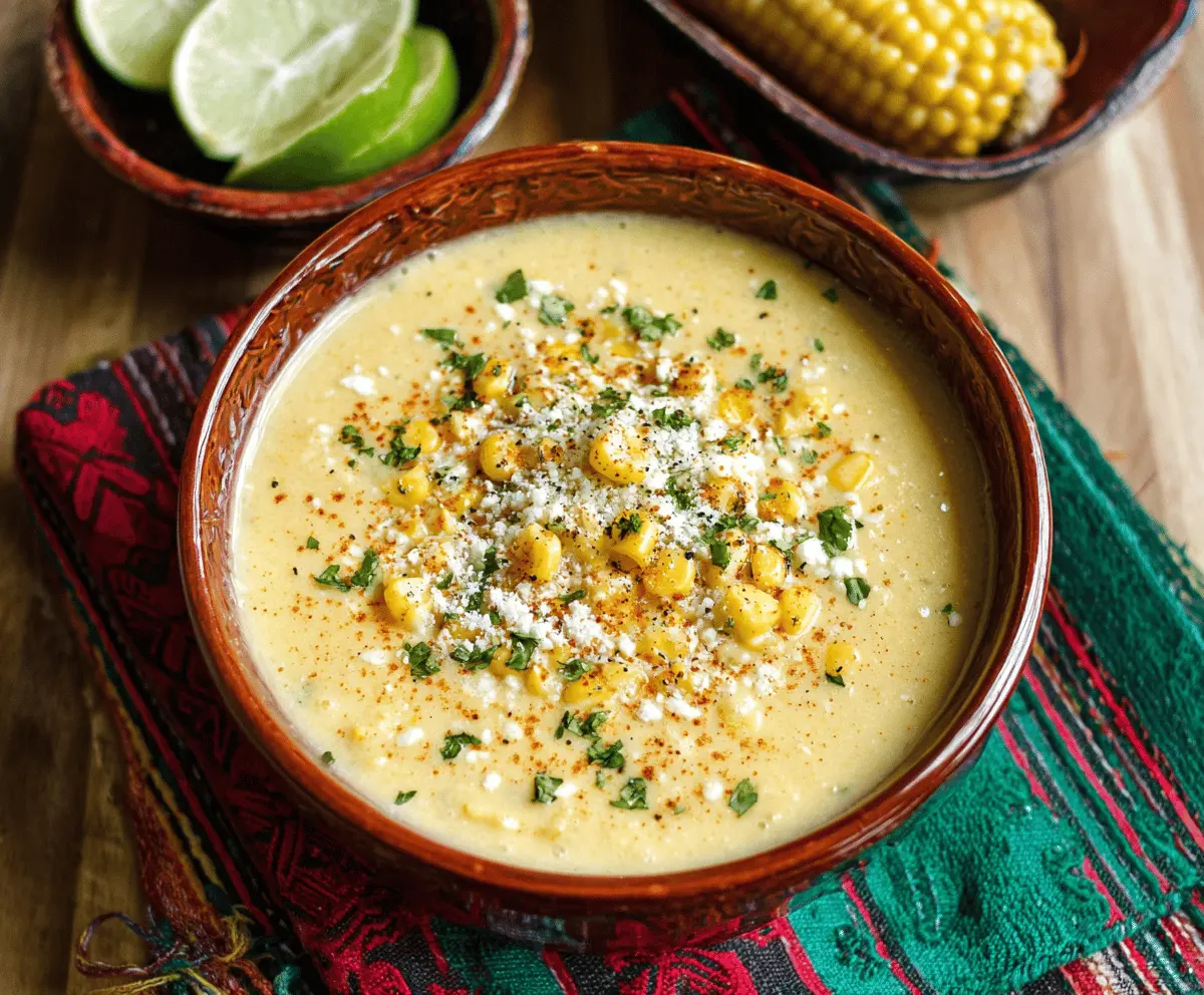 Creamy Elote Corn Soup in a bowl topped with chopped cilantro and crumbled cheese, featuring vibrant yellow corn and fresh ingredients.