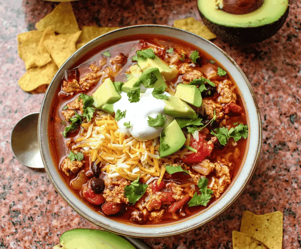 Delicious homemade enchilada chili in a bowl topped with melted cheese and fresh cilantro, served with tortillas