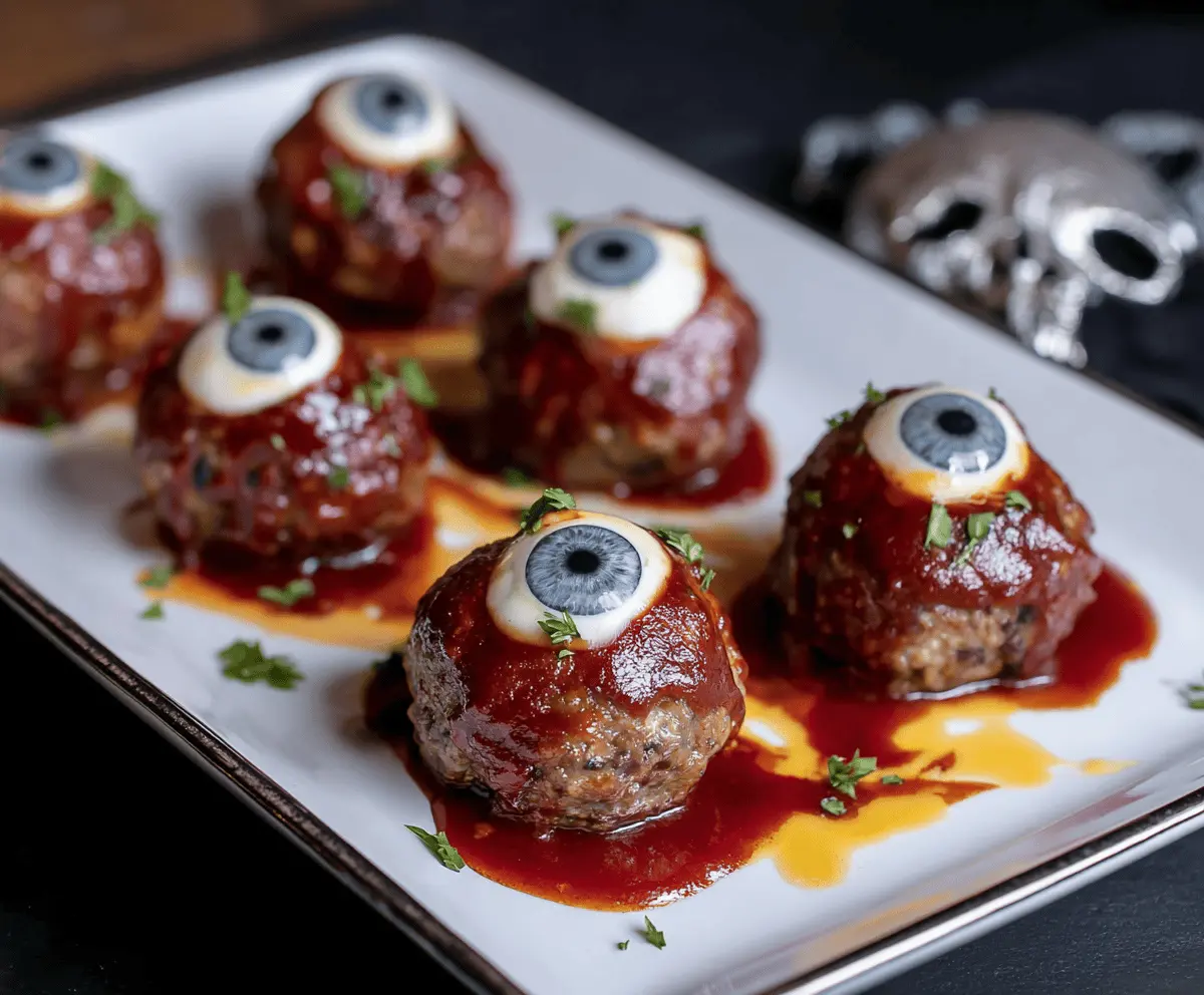 Spooky Eyeball Meatballs served on a platter with bright red sauce, perfect for Halloween-themed parties