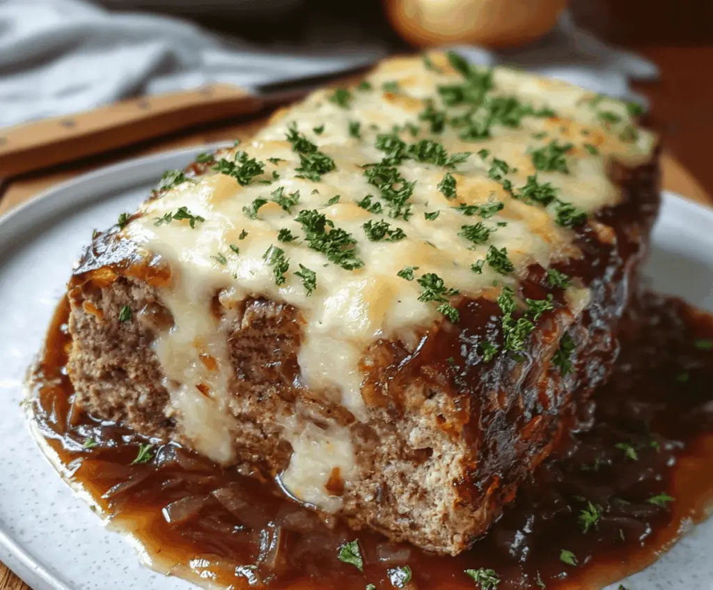 Delicious French Onion Meatloaf garnished with caramelized onions and fresh herbs.