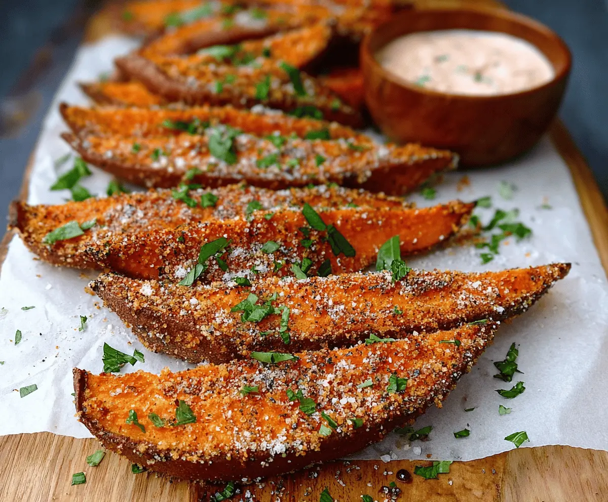 Delicious Garlic Parmesan Sweet Potato Wedges on a plate with herbs