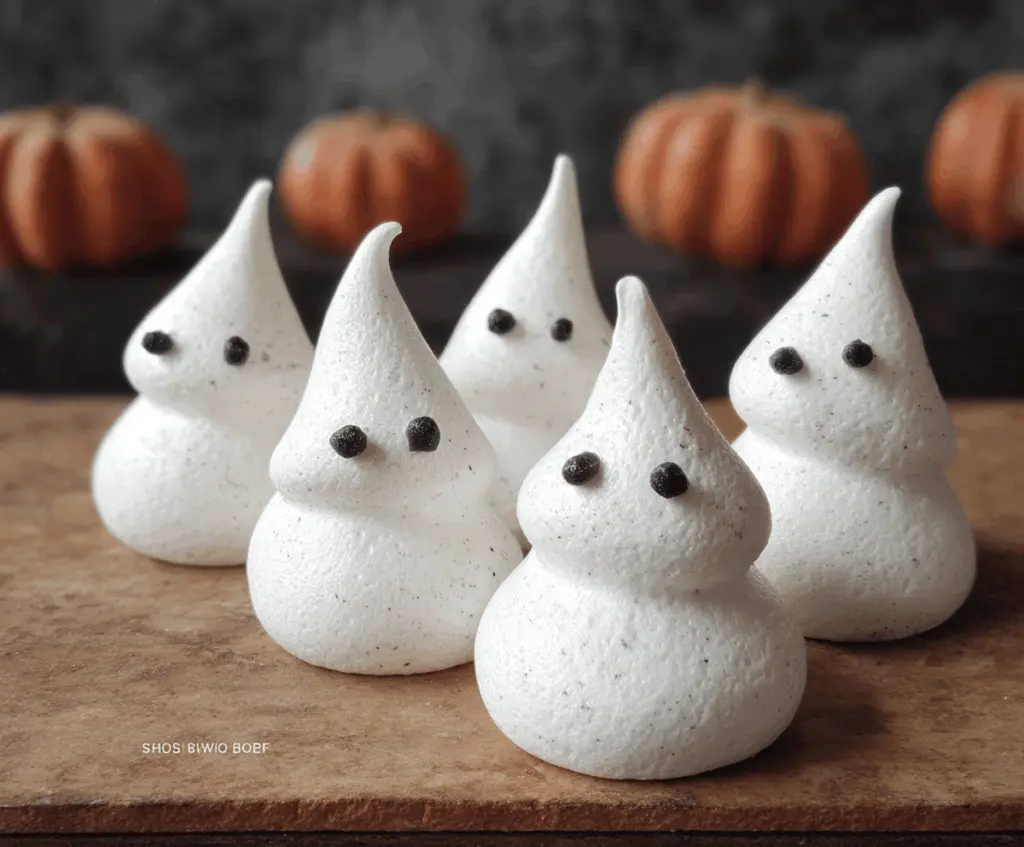 Sweet ghost-shaped meringues with adorable faces, perfect for Halloween treats and festive desserts