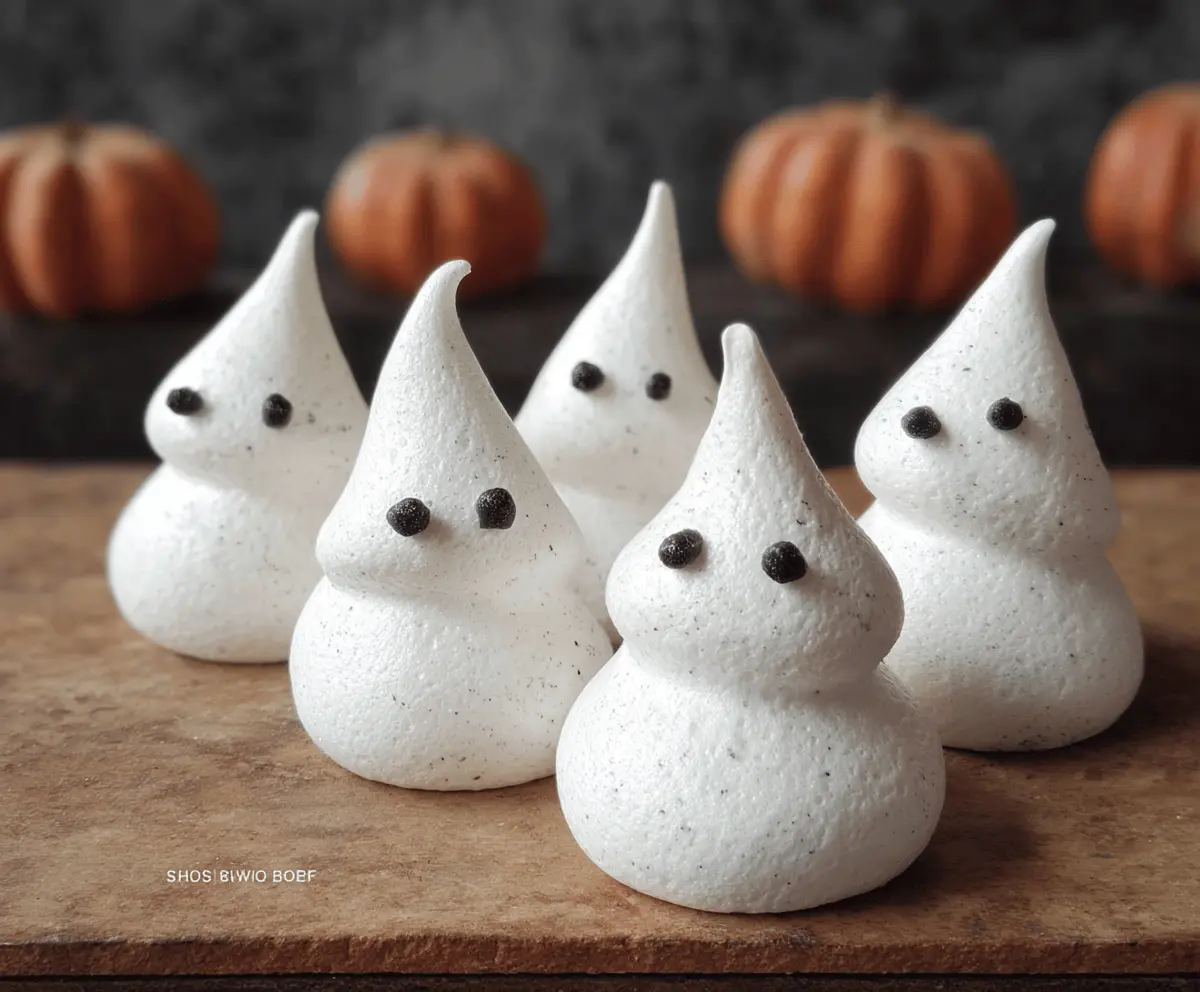 Sweet ghost-shaped meringues with adorable faces, perfect for Halloween treats and festive desserts