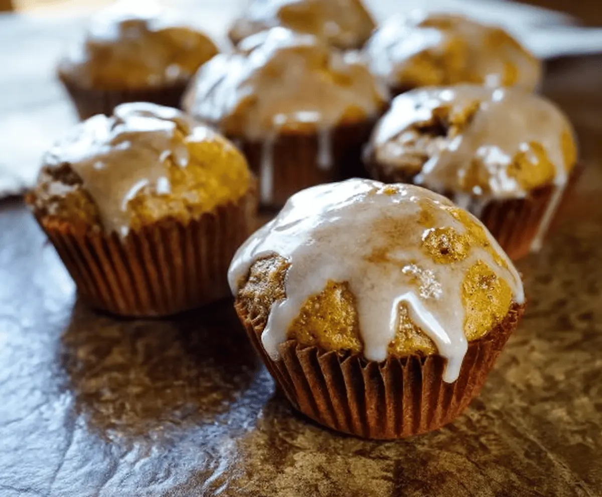 Delicious homemade glazed pumpkin muffins with a golden-brown top and a shiny glaze, perfect for fall breakfast or snacks.