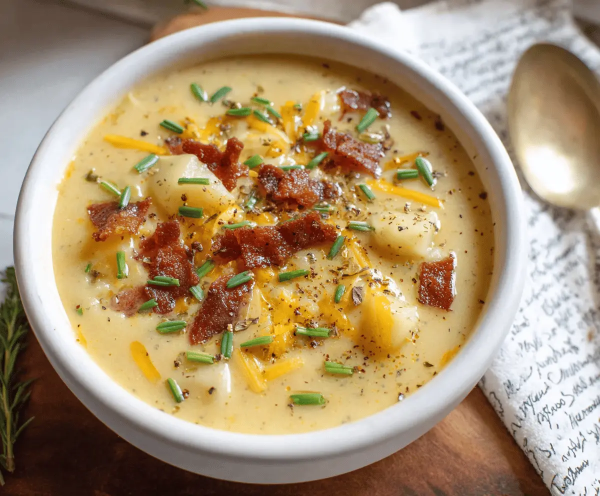 Creamy gluten-free potato soup served in a bowl topped with fresh herbs, perfect for a comforting and allergy-friendly meal.