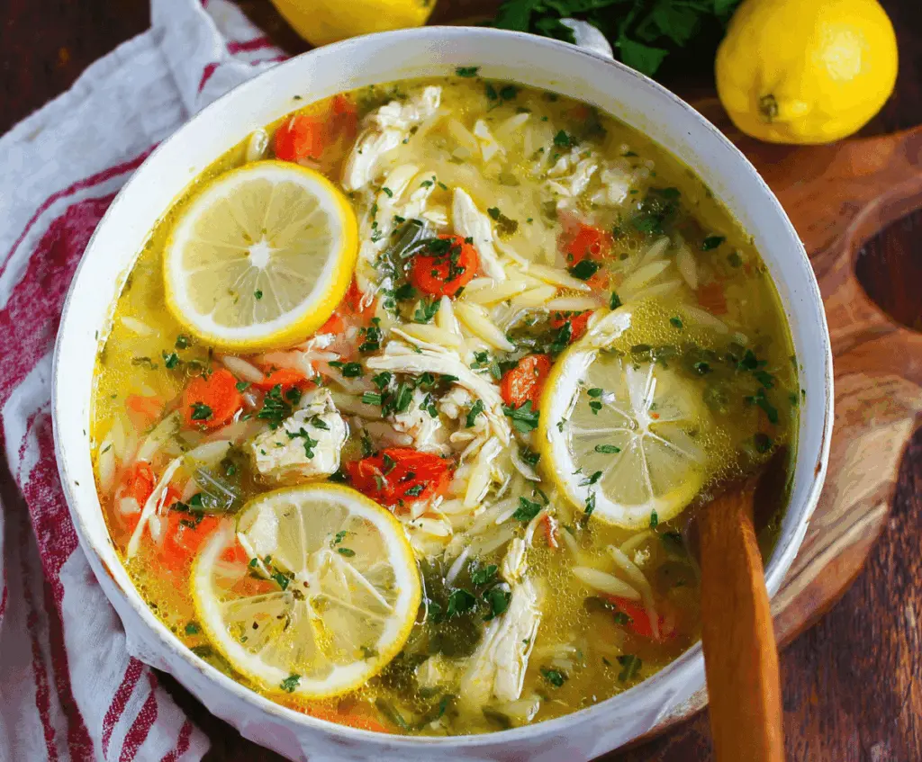Creamy Greek Lemon Orzo Chicken Soup in a bowl topped with fresh herbs and lemon wedges, perfect for a comforting meal