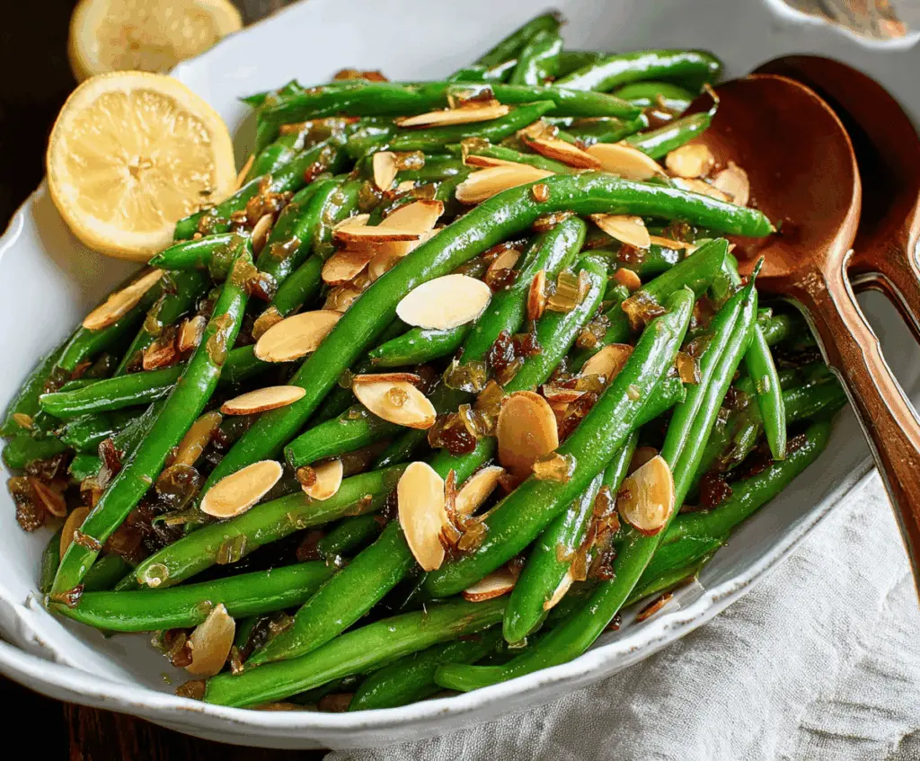 Fresh green beans topped with toasted almonds, garlic, and lemon slices in a white serving dish, perfect for Green Bean Almondine recipe.