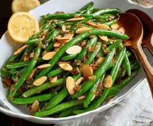 Fresh green beans topped with toasted almonds, garlic, and lemon slices in a white serving dish, perfect for Green Bean Almondine recipe.