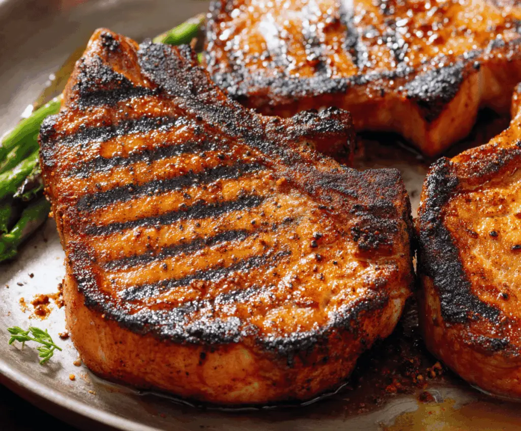 Juicy grilled pork chops with grill marks served on a plate, perfect for a delicious summer dinner