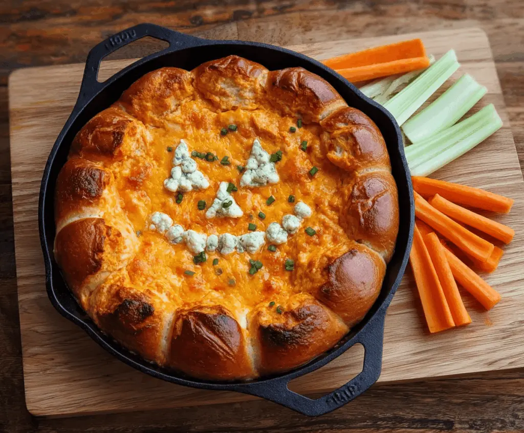 Spooky Halloween Buffalo Chicken Dip served with celery sticks and tortilla chips, perfect for a festive party appetizer