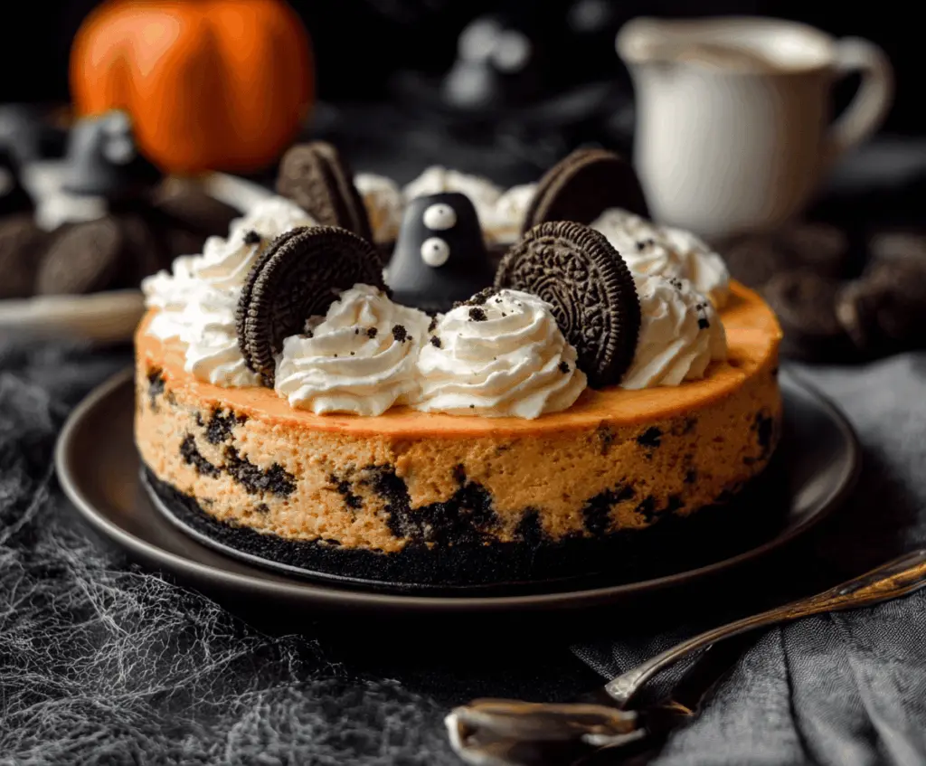 Delicious Halloween Cookies and Cream Cheesecake topped with spooky decorations and cookie crumbles on a festive plate
