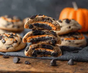 Halloween Oreo Stuffed Chocolate Chip Cookies with festive orange and black decorations, featuring gooey chocolate chips and creamy Oreo filling inside a freshly baked cookie