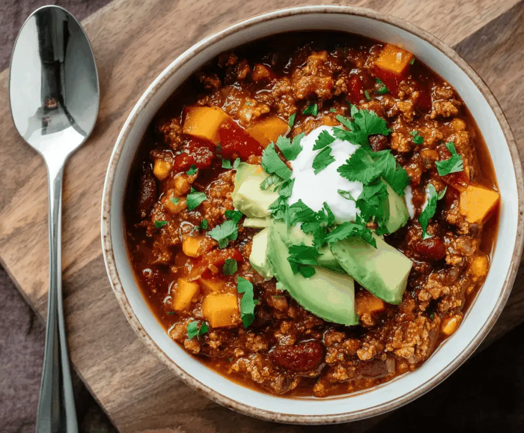 Colorful bowl of healthy homemade chili with beans, vegetables, and spices ready to serve