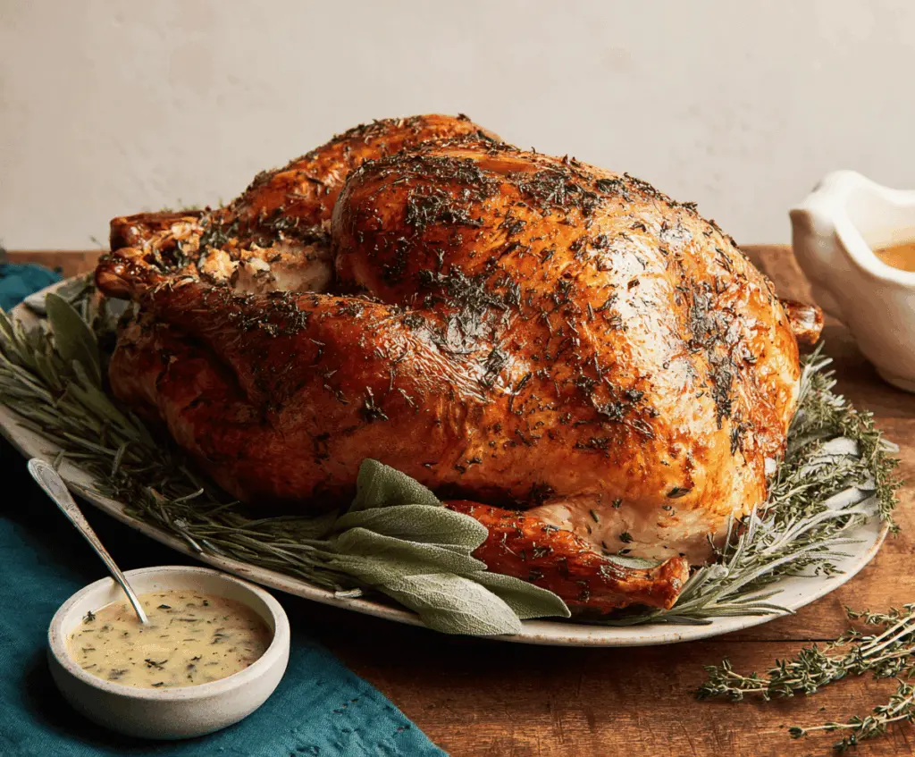 Juicy Herb Butter Roasted Turkey garnished with fresh herbs on a festive dinner table.