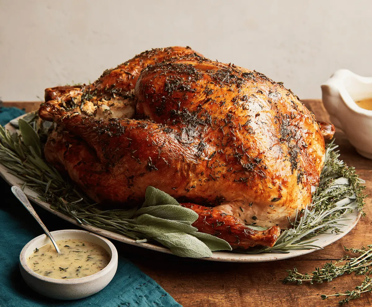 Juicy Herb Butter Roasted Turkey garnished with fresh herbs on a festive dinner table.