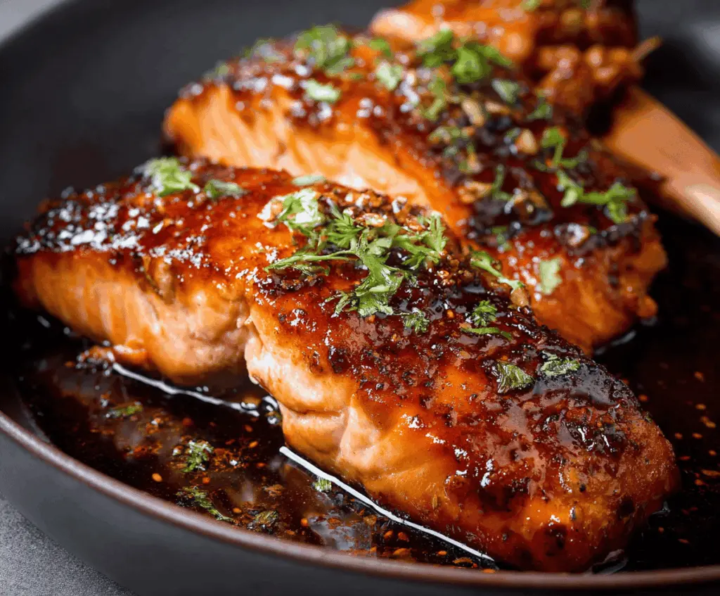 Juicy salmon fillet glazed with shiny honey soy sauce, garnished with sesame seeds and green onions on a white plate